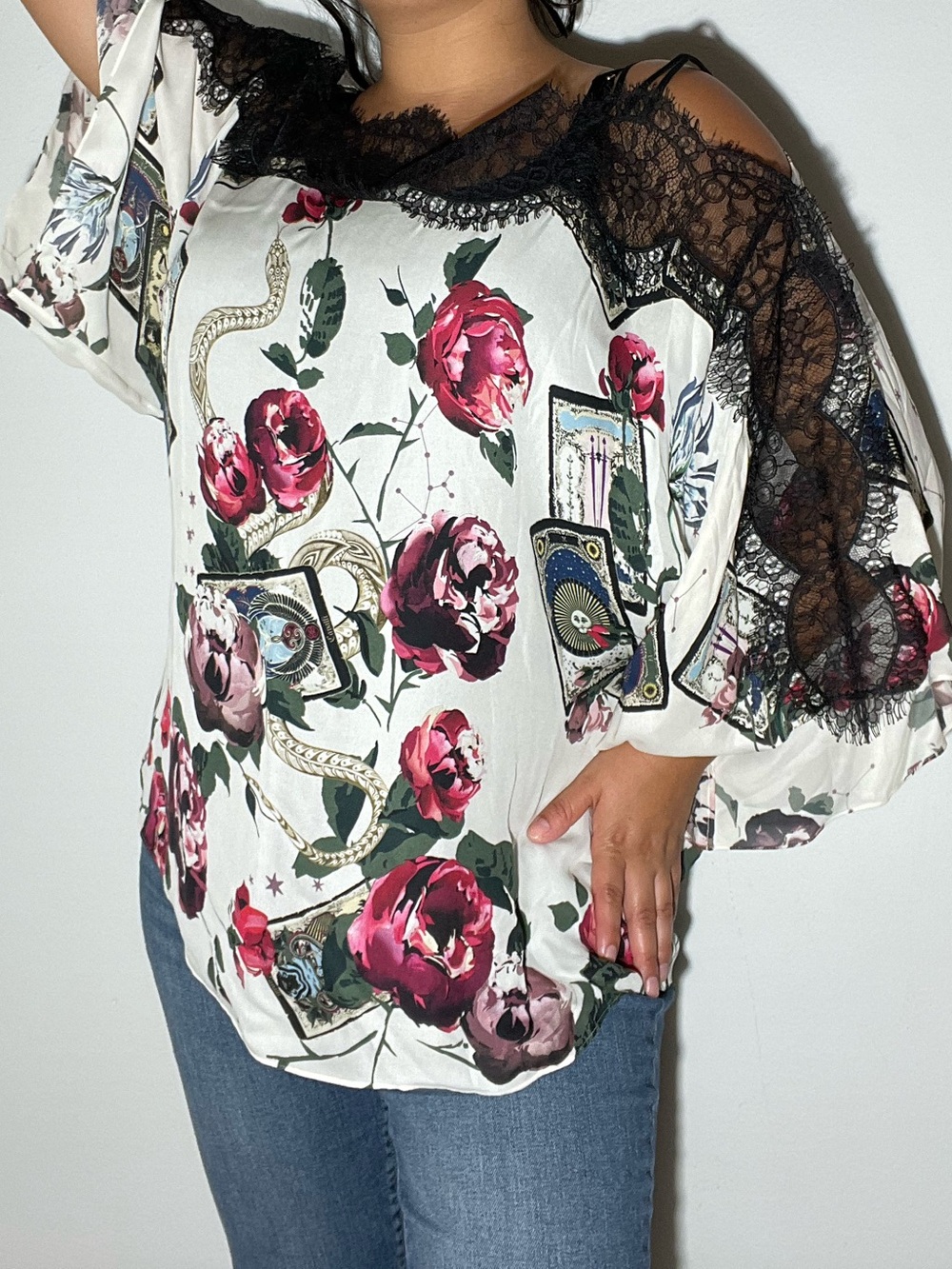 Roberto Cavalli White Silk Blouse with Pink Floral and Tarot Motif
